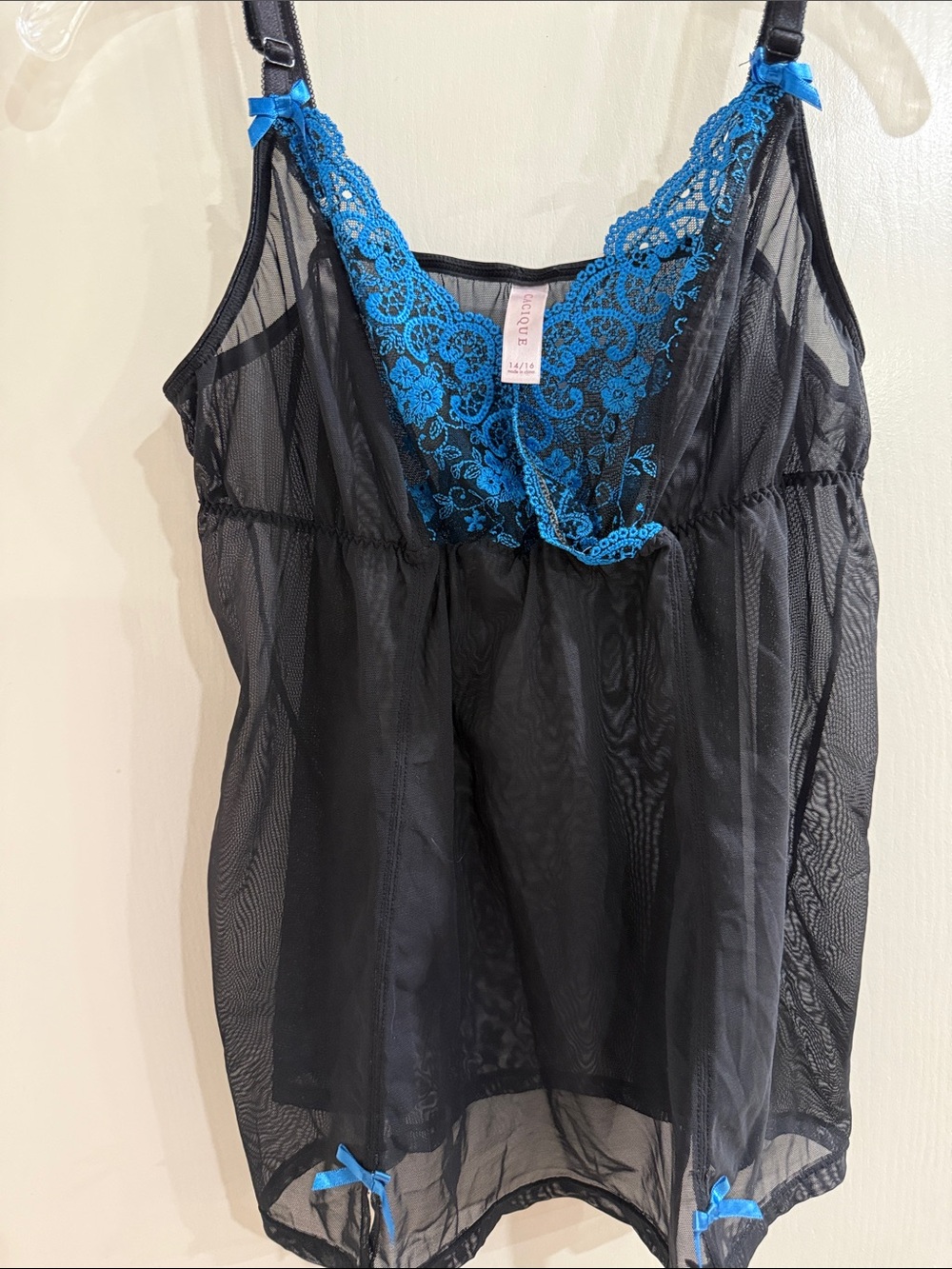 Cacique Black Sheer Chemise with Blue Lace Accents